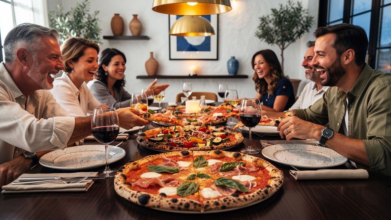 Friends sharing authentic wood-fired pizzas in modern Italian restaurant