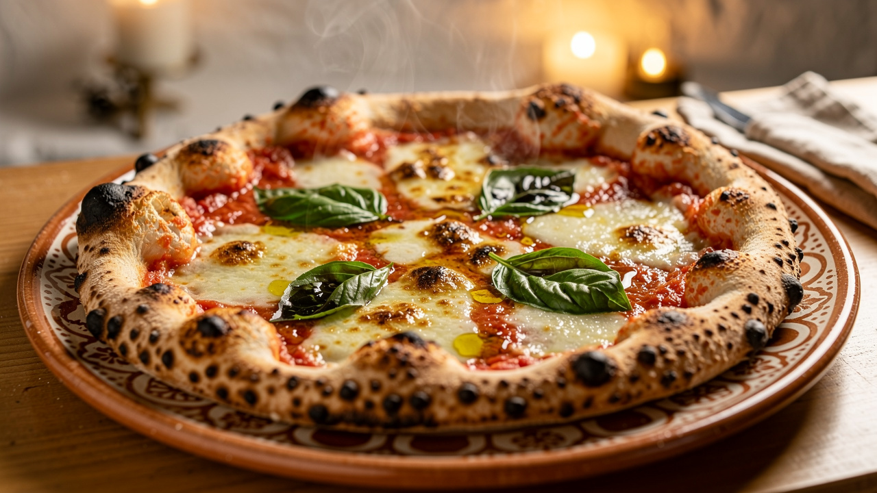 Authentic Italian wood-fired pizza with mozzarella and basil