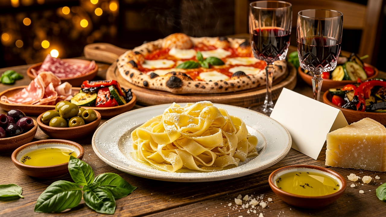 Authentic Italian dining table with pasta, pizza, and wine
