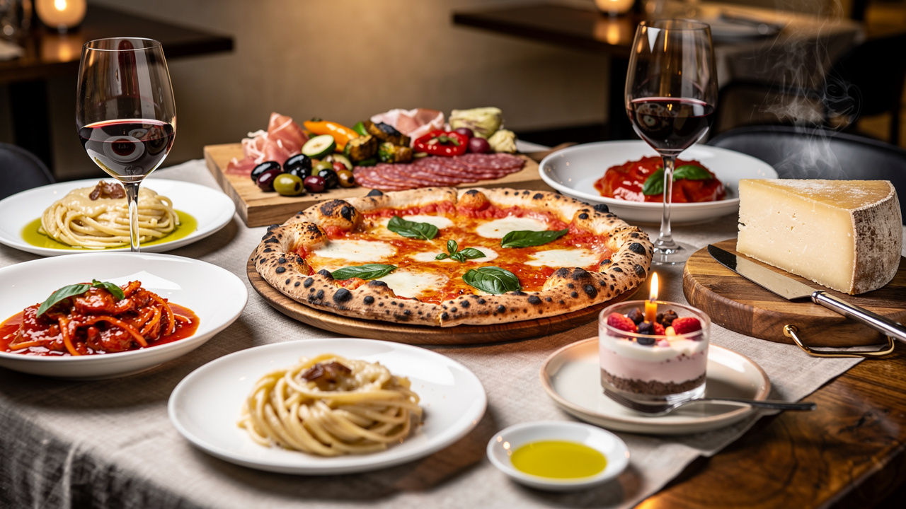 Authentic Italian birthday dinner table with pizza and pasta