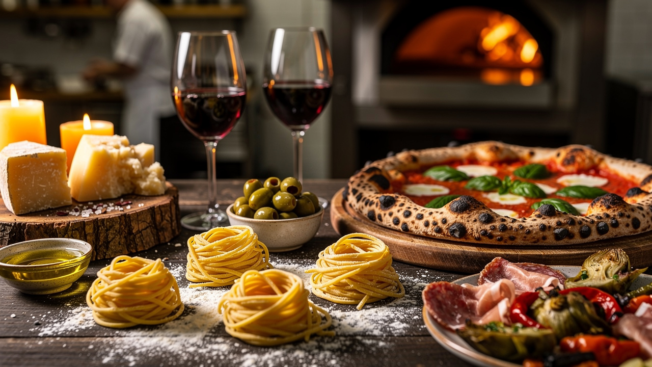 Authentic Italian dining table with pasta pizza and wine