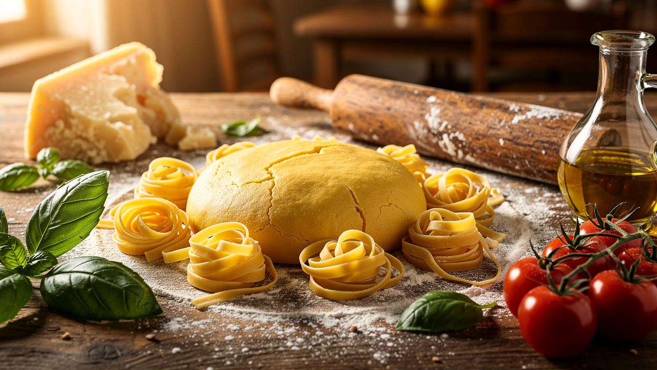 Fresh handmade Italian tagliatelle pasta on rustic wooden bench