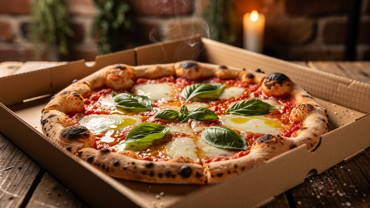Hot wood-fired pizza in open takeaway box on rustic table