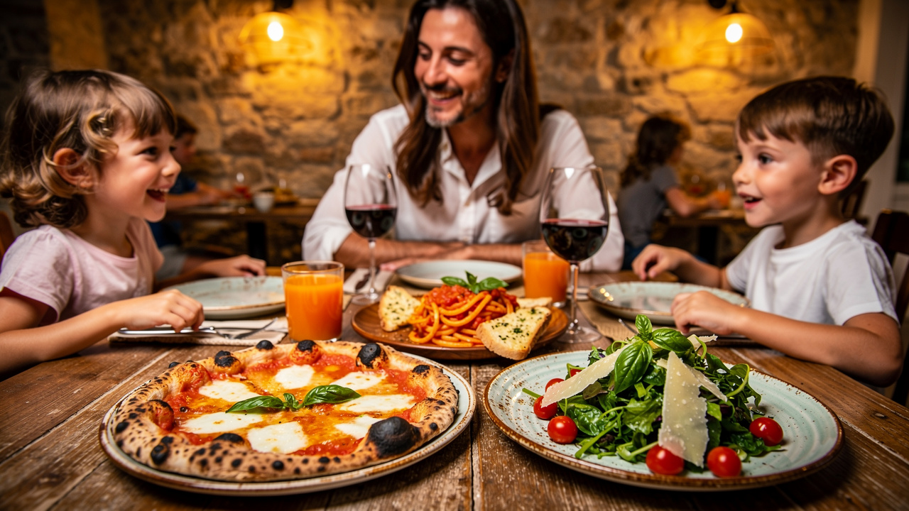 Family enjoying authentic Italian dinner with pizza and pasta