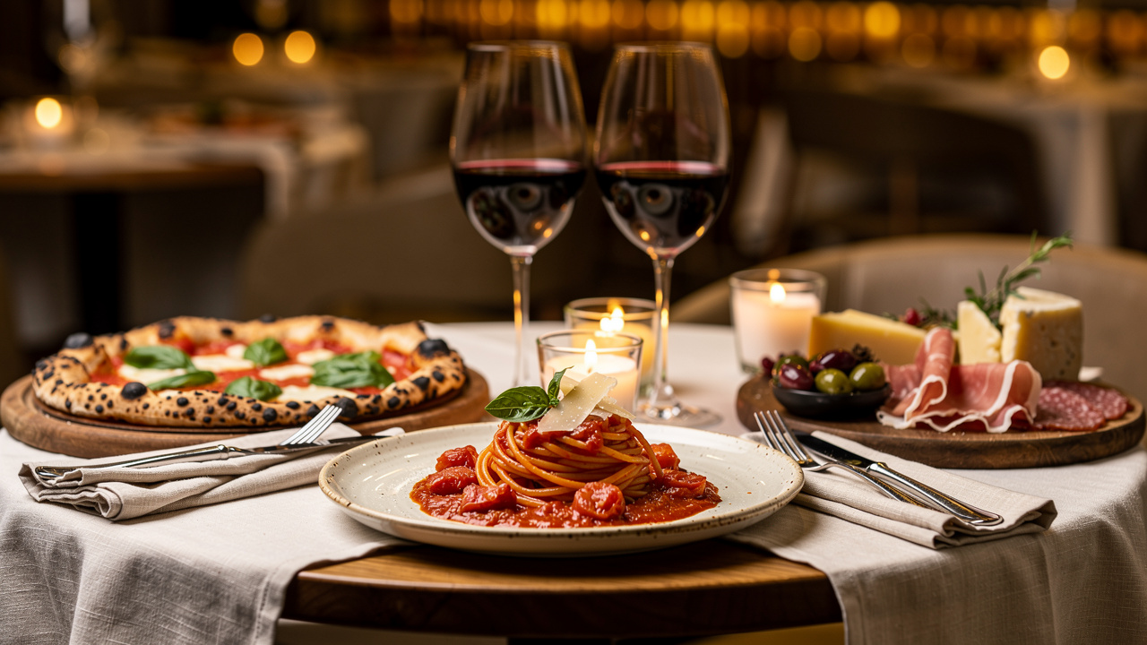 Romantic Italian date night with pasta, pizza, and wine
