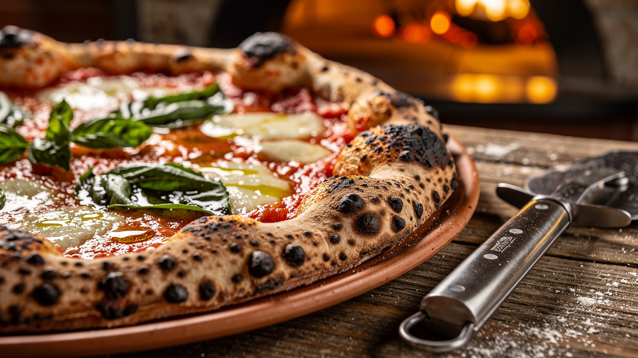 Authentic woodfired pizza with blistered crust and fresh basil