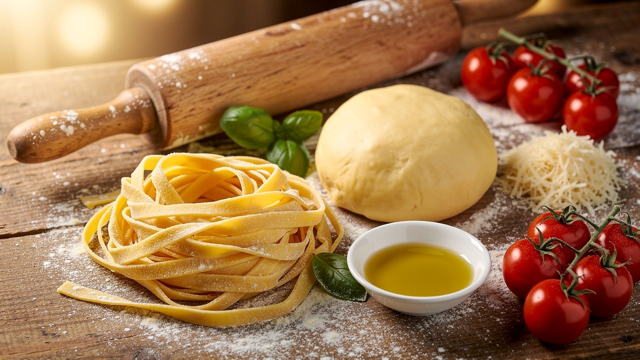 Fresh handmade Italian tagliatelle pasta on rustic wooden bench