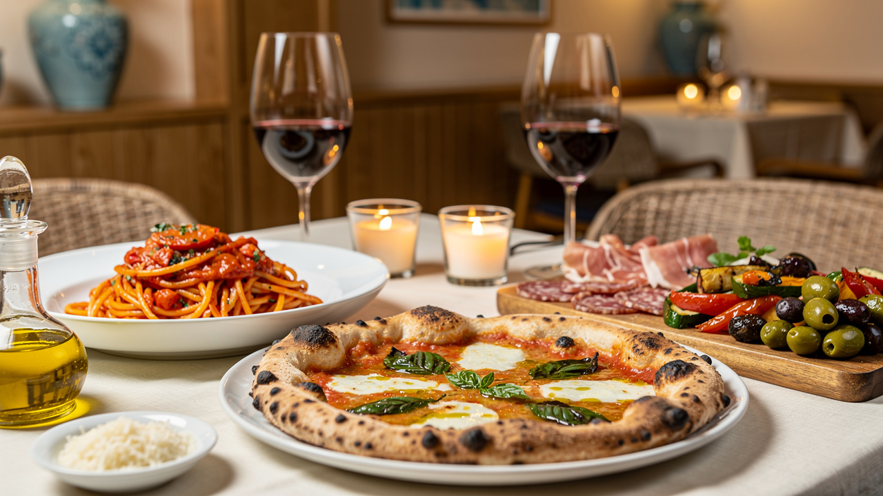 Elegant Italian restaurant table with pizza pasta and wine
