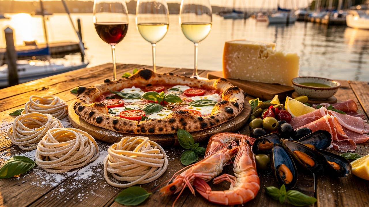 Woodfired pizza seafood pasta antipasto dining spread Mooloolaba