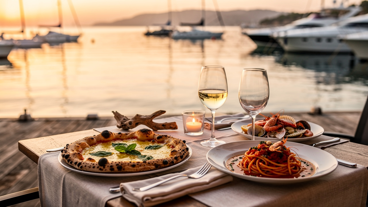 Elegant Italian waterfront dining at Mooloolaba Marina sunset