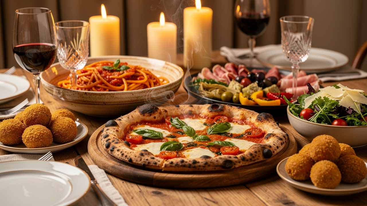 Stylish home dining table with Italian food spread