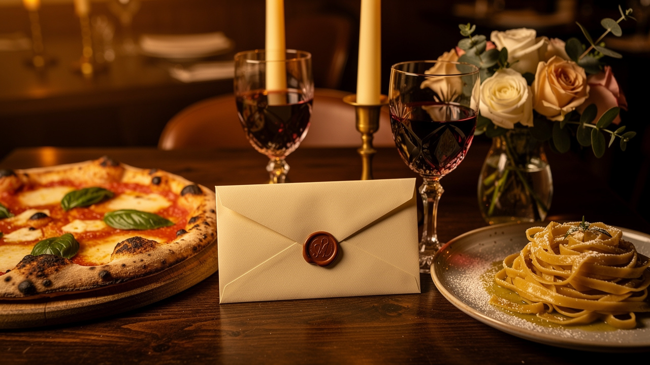 Romantic Italian dining table with gift envelope and food