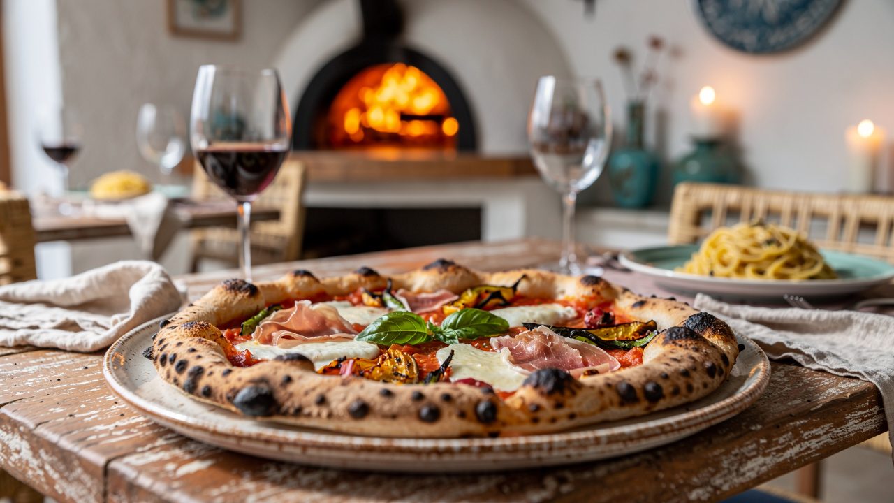 Wood-fired pizza in a stylish Italian coastal restaurant