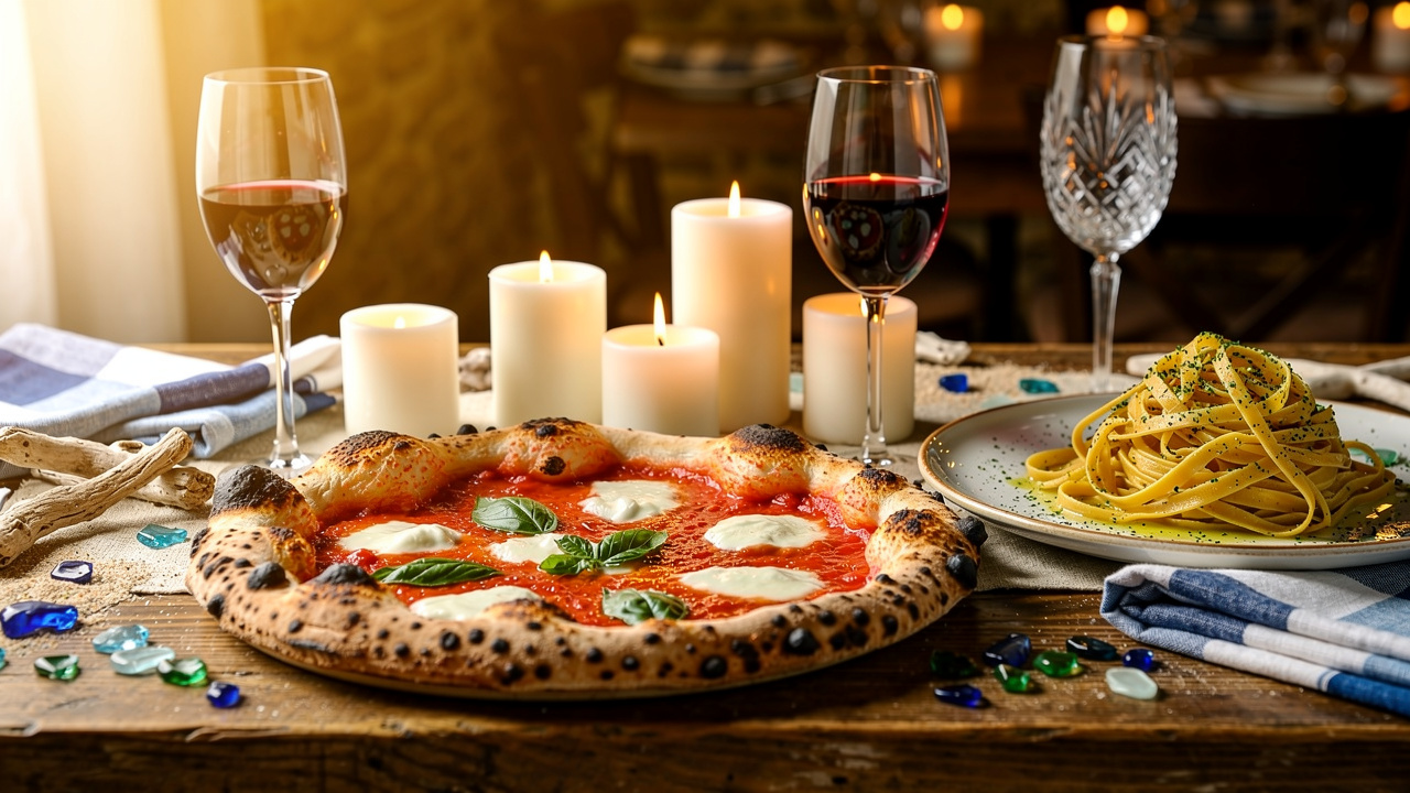 Italian dining table with pizza pasta wine and coastal decor