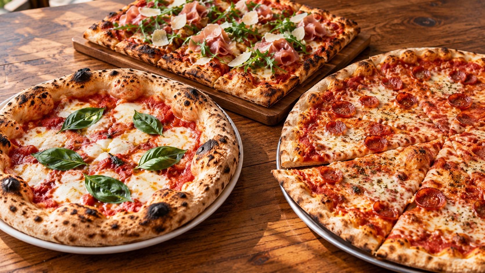 Three contrasting pizza styles on a timber table