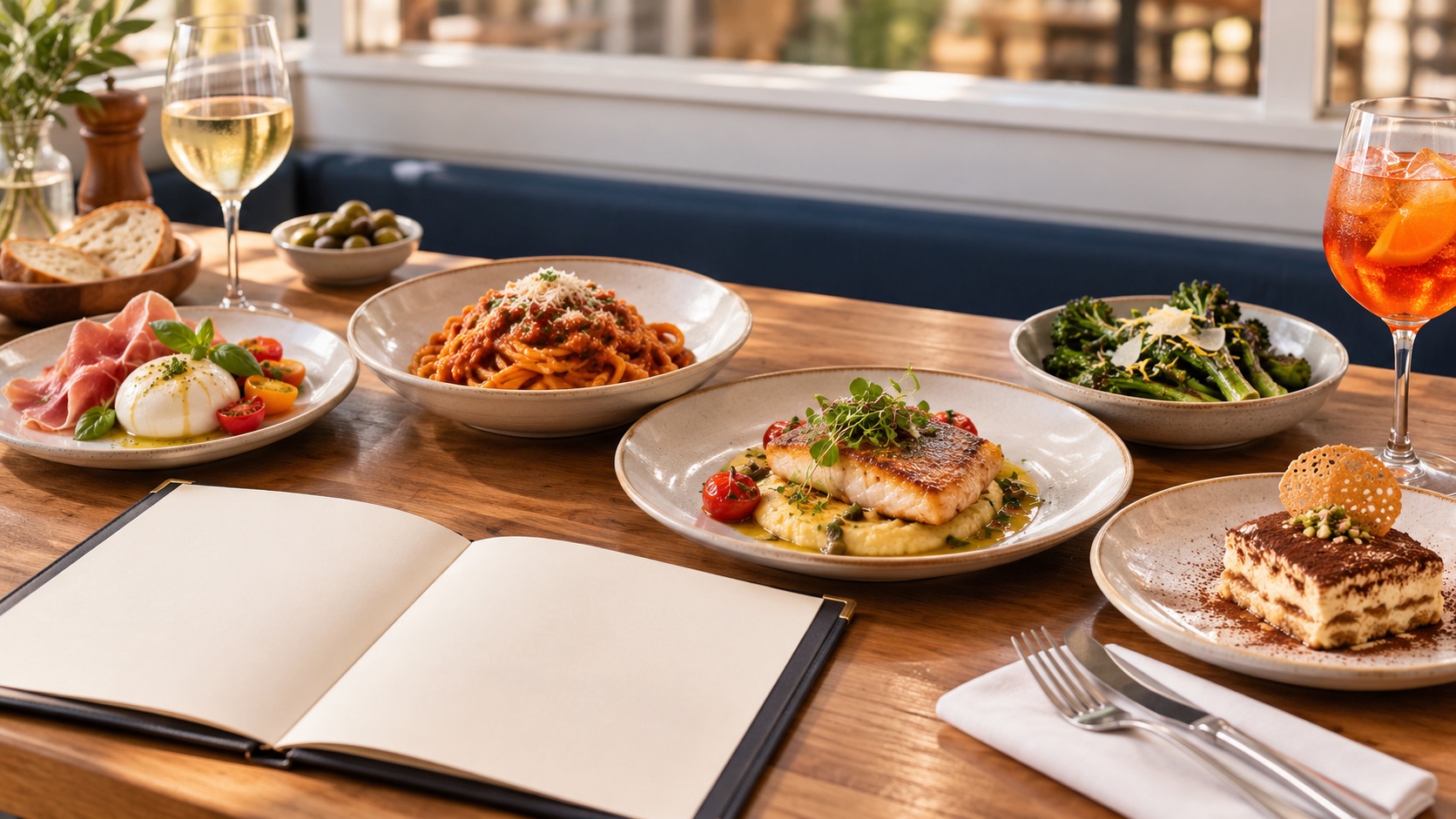 Italian menu with antipasti, pasta, main course, vegetables and dessert