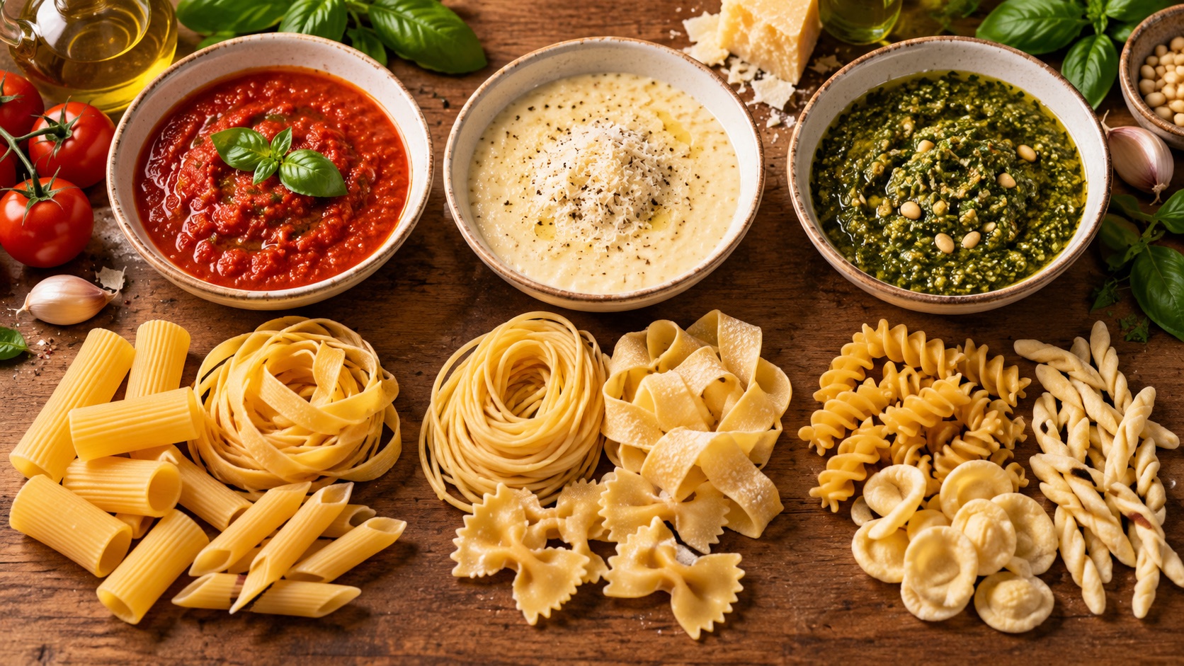 Assorted pasta shapes arranged with contrasting Italian sauces