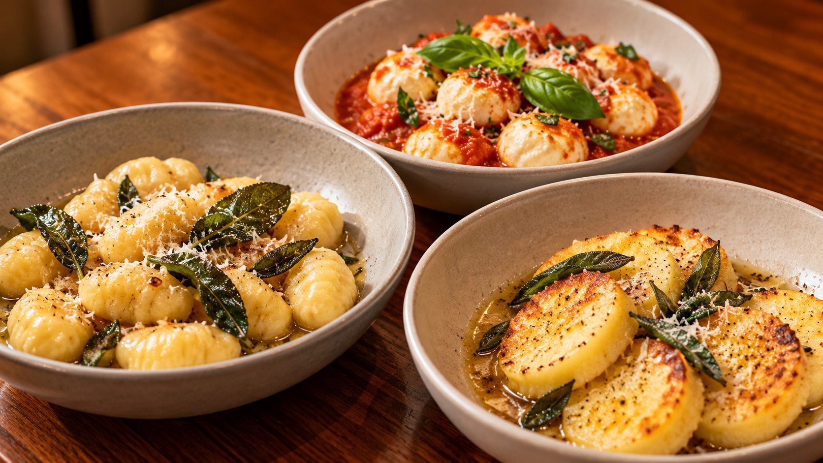 Three styles of gnocchi served in ceramic bowls