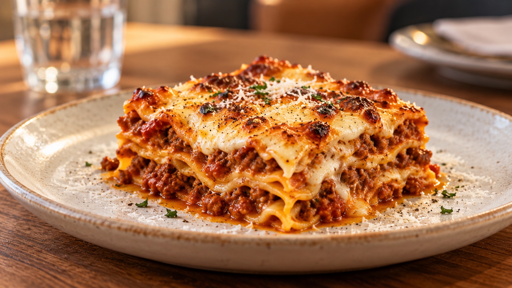 Layered lasagna with ragù and béchamel on a ceramic plate